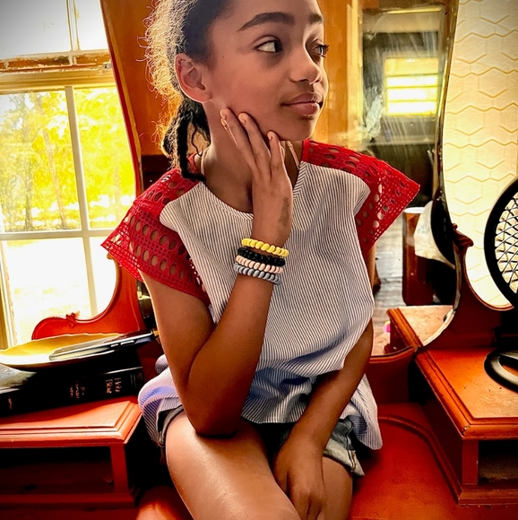 Maeve brand top size small blue white pinstripe red crochet fluff sleeve - Picture 6 of 8